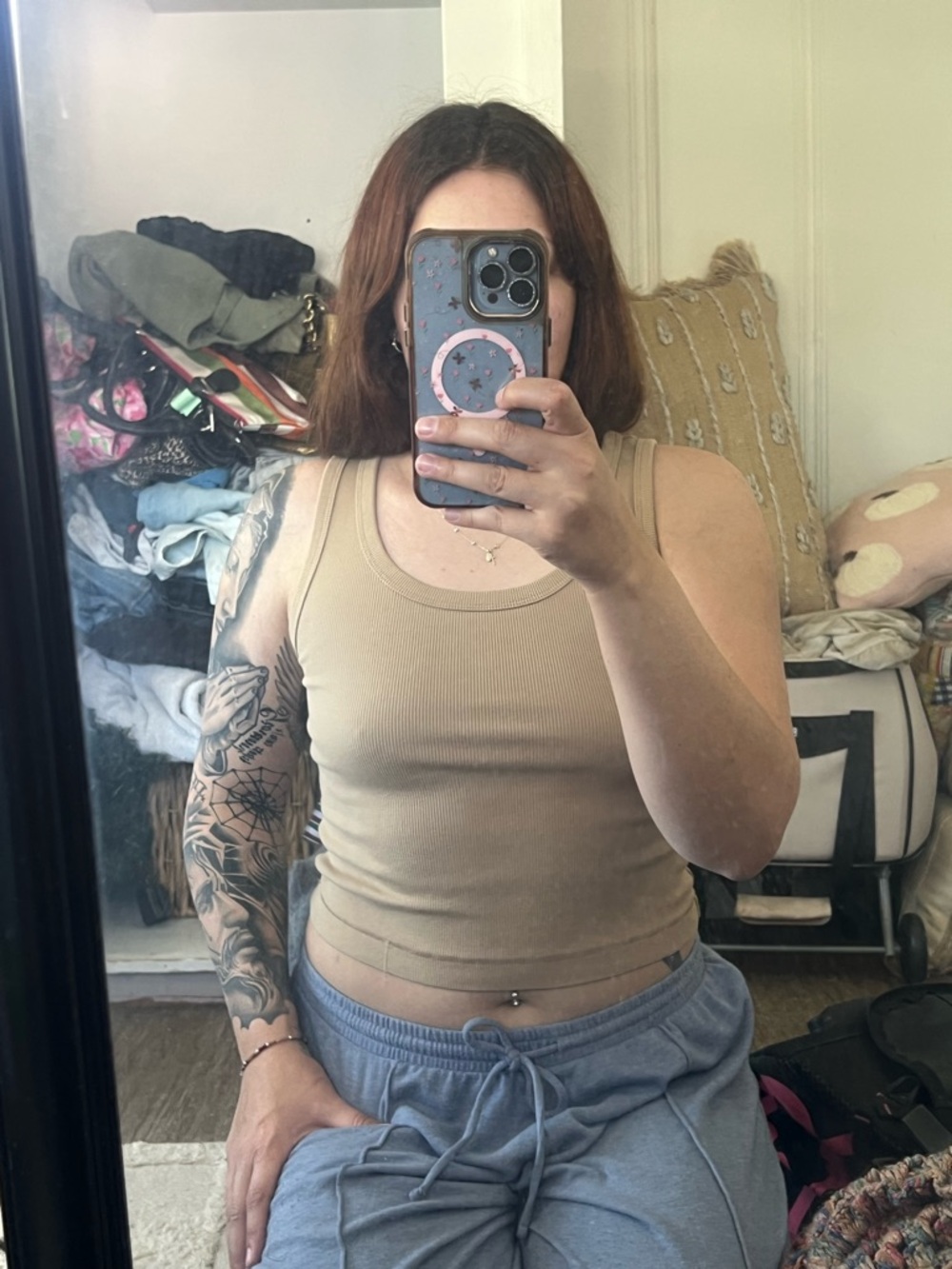 Ribbed Tank Crop Top in Beige - Women's Casual Scoop Neck